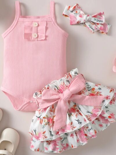 0-2 Year Old Newborn Baby Girls Summer Sleeveless Suspender Jumpsuit With Floral Print Short Skirt Cute Fashion Toddler Set