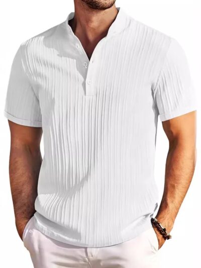 2024 new men's vintage cotton linen striped Henry shirt T-shirt men's short-sleeved casual shirt top