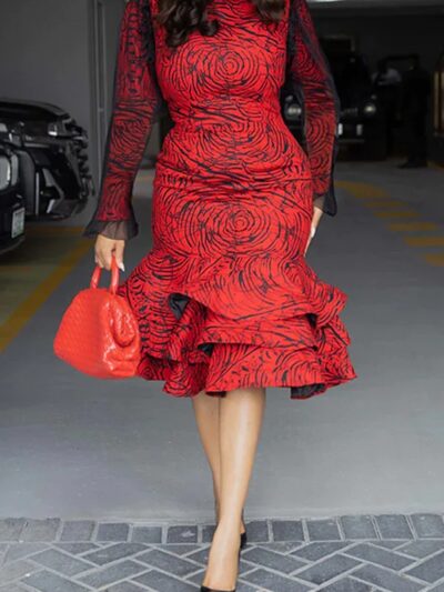 Spring, Autumn Women's Printed Dress, Fashionable Round Neck Casual Women's Mesh  Party Dress