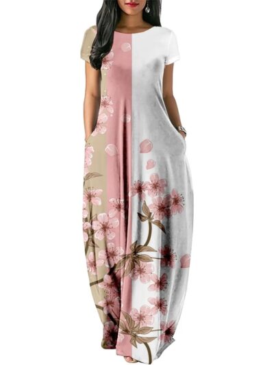 2022 Retro Cherry blossoms Print Women Casual Short Sleeve Dress Loose Long Double Pocket Beach Vacation Dress-Woman Dress