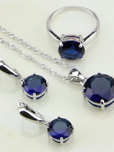 925 Sterling Silver Jewelry, Round Blue Cubic Zirconia Wedding Bridal Jewelry Sets For Women