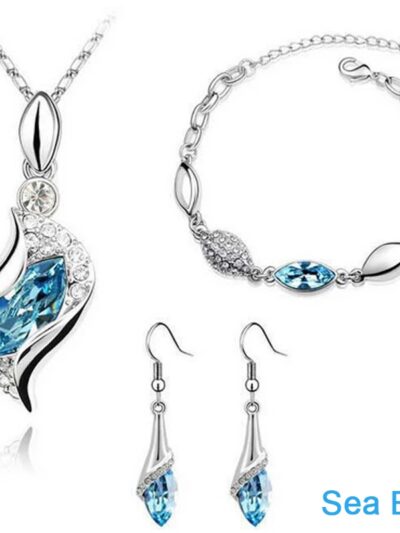 New Arrival Silver color Jewelry Sets, Luxury Water Drop Blue Pink Clear Cubic Zircon Crystal Necklace Bracelet Earrings Jewelry