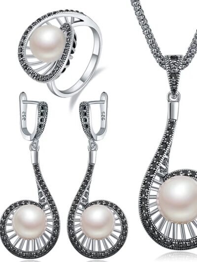 Vintage Pearl Jewelry Set For Women White Pearl Drop Earrings Long Pendant Necklace Luxury Ring Nice Gifts For New Year