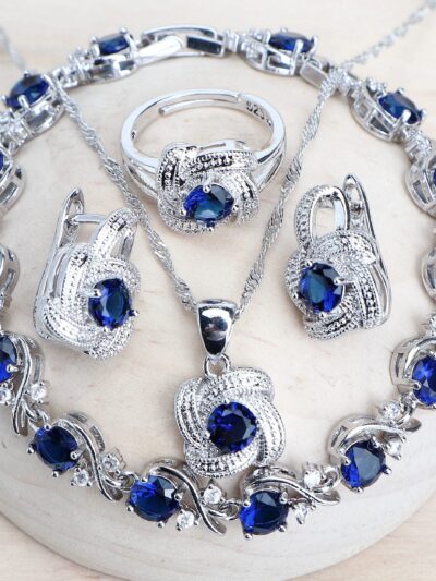 Blue Zirconia Women Jewelry Sets 925 Sterling Silver Wedding Bridal Costume Jewellery Earrings Rings Bracelets Pendant Necklace