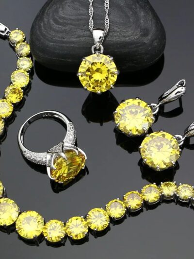 925 Sterling Silver Bridal Jewelry Sets For Women Yellow Cubic Zirconia Earrings Pendant Ring Bracelet Necklace Set