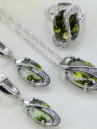 Olive Green Created Emerald White Rhinestone 925 Silver Jewelry Sets for Women Wedding Earrings/Pendant/Necklace/Ring