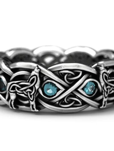 Mens Jewellery Kelt Wolf Topaz Ring European and American Wolf Totem Silver Plated Black Ring Hip-hop Punk Party Cool Jewelry